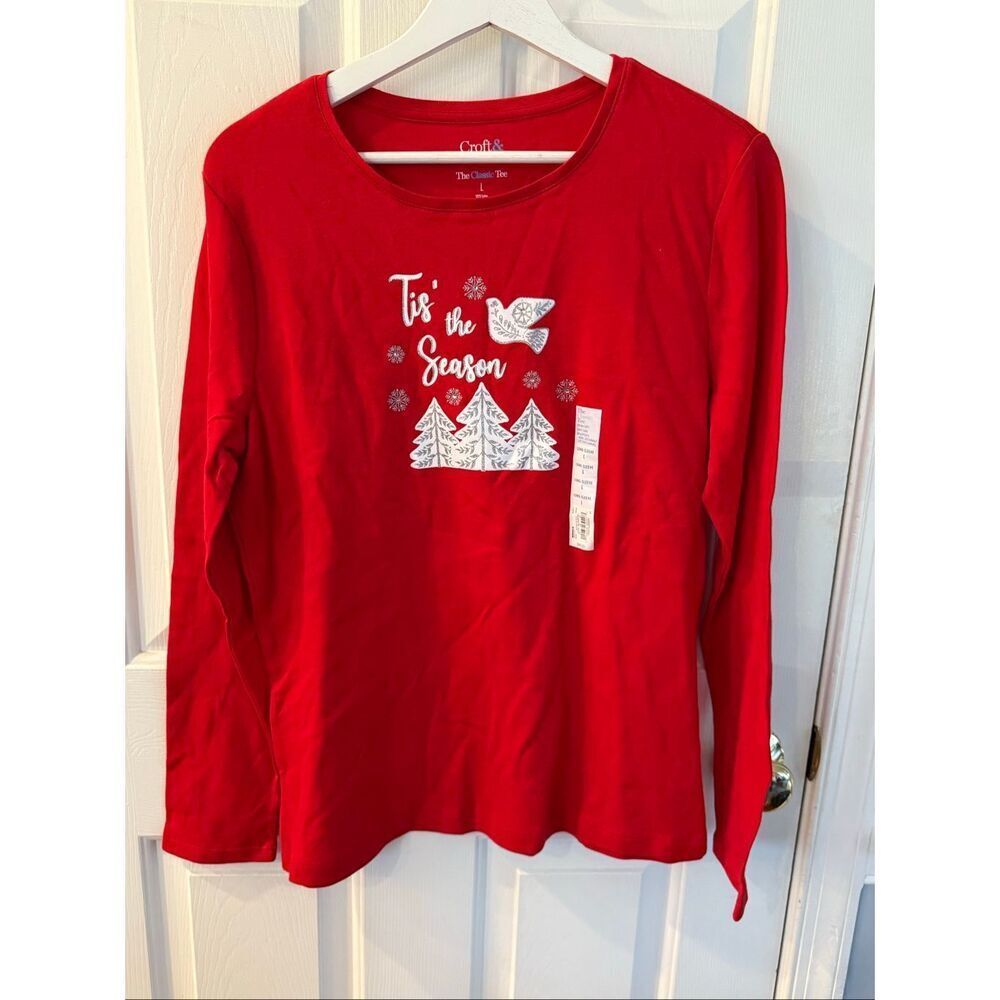 Croft & Barrow Red Crystal Embellished Long Sleeve Christmas T-Shirt sz L NWT